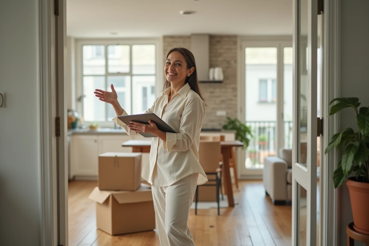 Femme souriante inspectant un bien immobilier avec une tablette