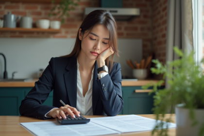 Jeune femme d'affaires réfléchissant avec documents de location