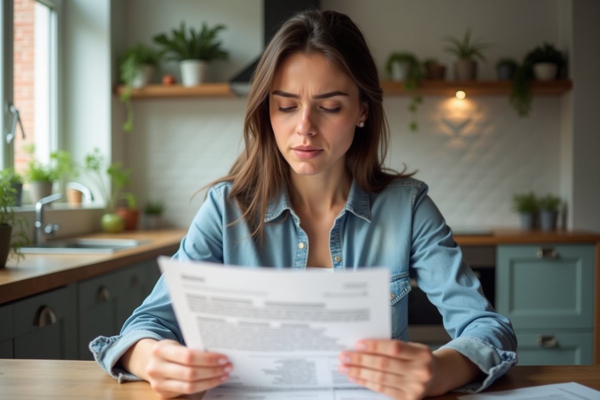 Jeune femme regardant une facture immobiliere à la maison