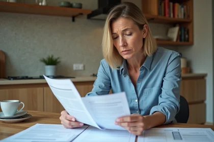 Femme d'&acirc;ge moyen examine des documents d'assurance &agrave; la maison