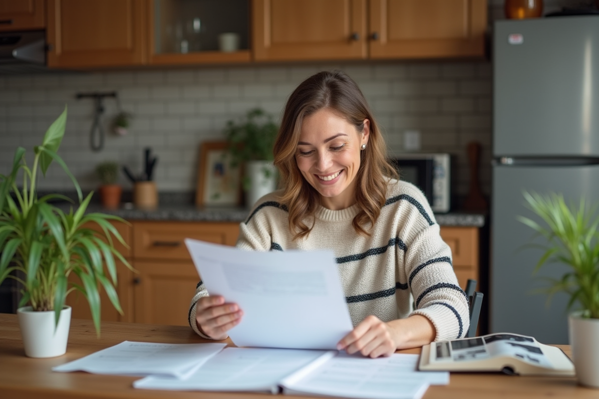 Femme détendue dans sa cuisine chaleureuse et décorée