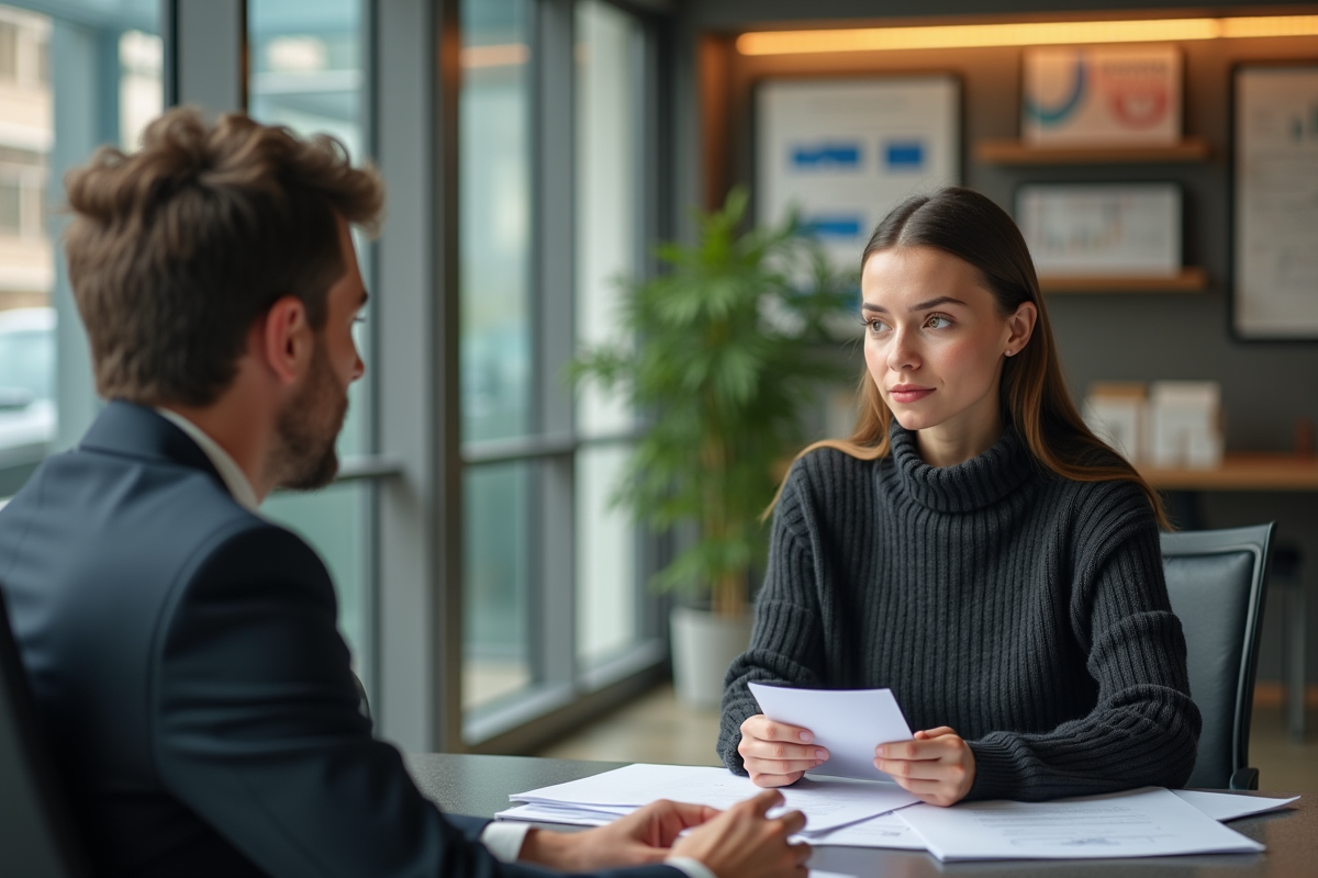 Femme discutant avec un conseiller bancaire dans une agence moderne