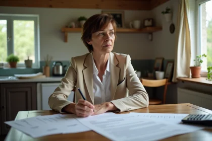 Femme consultant des documents immobiliers pour fixer le prix de vente d'une maison en Calvados lors d'un divorce