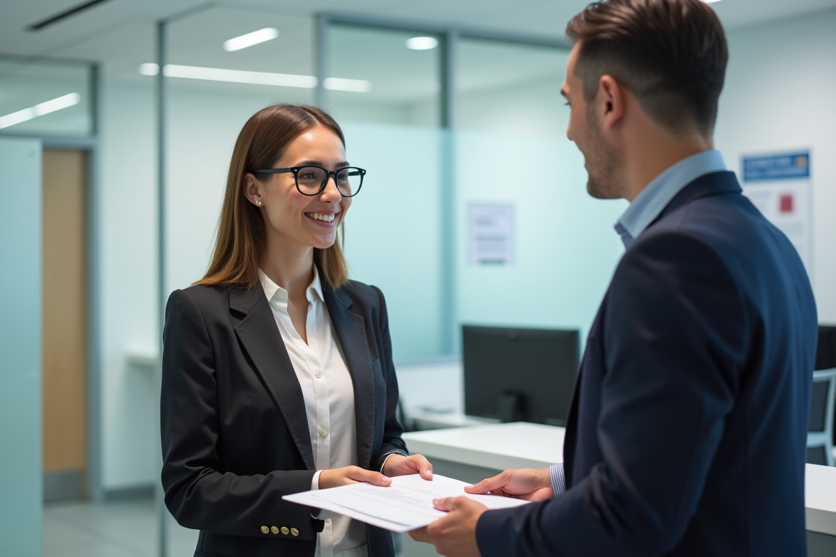 Jeune femme professionnelle remettant un dossier à un agent