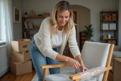 Femme emballant une chaise en bois dans un salon organisé