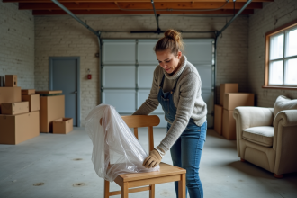 Femme emballant une chaise en bois dans un garage