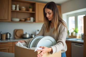Jeune femme emballant des assiettes dans une cuisine lumineuse