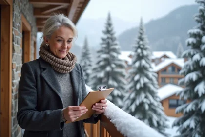 Femme souriante en manteau dans un appartement alpin enneige