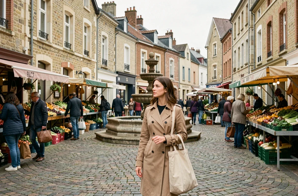 Femme se promenant dans une place de marché animée d'une ville de banlieue parisienne pour évaluer un quartier avant achat