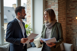 Femme française d'affaires discutant avec un jeune professionnel à Paris