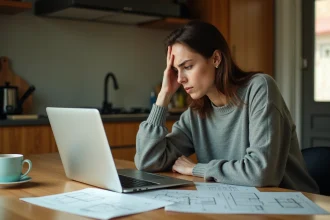 Femme frustrée cherchant un appartement sur ImmoRush avec des documents éparpillés sur une table