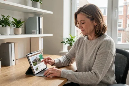 Femme gérant sa copropriété en ligne via une application sur tablette depuis son bureau à domicile
