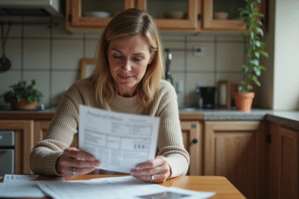 Femme d'âge moyen examine documents financiers à la maison