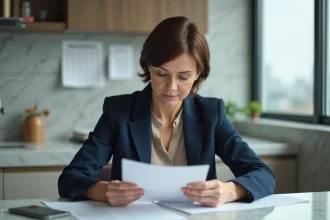Femme d'âge moyen examinant des documents de loyer dans une cuisine moderne