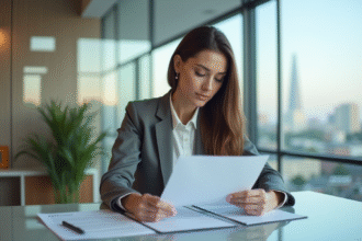 Femme d affaires examinant documents de prêt immobilier