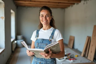Femme consultant un manuel de rénovation dans un appartement en cours de travaux, tenant un guide pratique avec sérénité