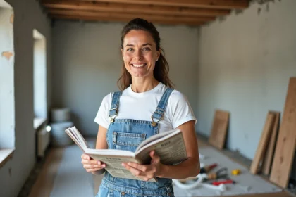 Femme consultant un manuel de rénovation dans un appartement en cours de travaux, tenant un guide pratique avec sérénité