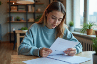 Jeune femme lisant des documents d'assurance dans un salon moderne