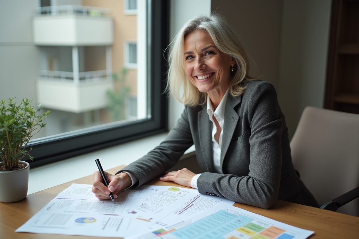 Femme souriante examinant des papiers de rénovation