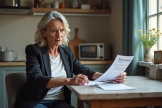 Femme lisant une note d'augmentation de loyer dans un appartement parisien