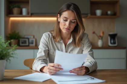 Femme d'âge moyen lisant des documents à la maison