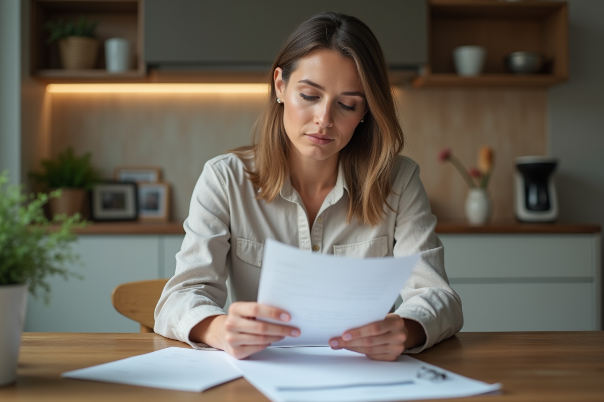 Femme d'âge moyen lisant des documents à la maison