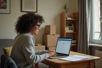 Femme consultant la plateforme LOC annonces sur un ordinateur portable dans un appartement parisien modeste en attente de déménagement