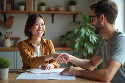 Femme souriante remettant des clés dans un appartement cosy