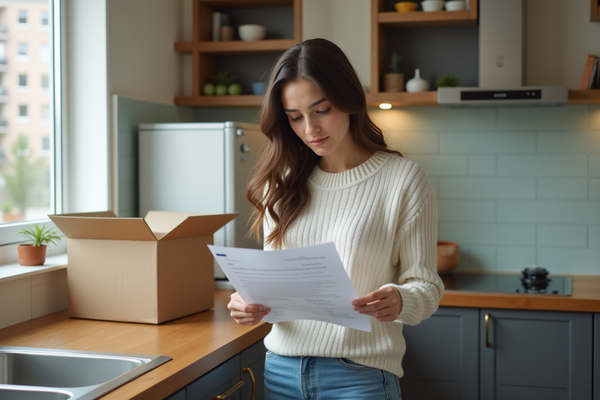 Jeune femme dans son appartement tenant un contrat de location
