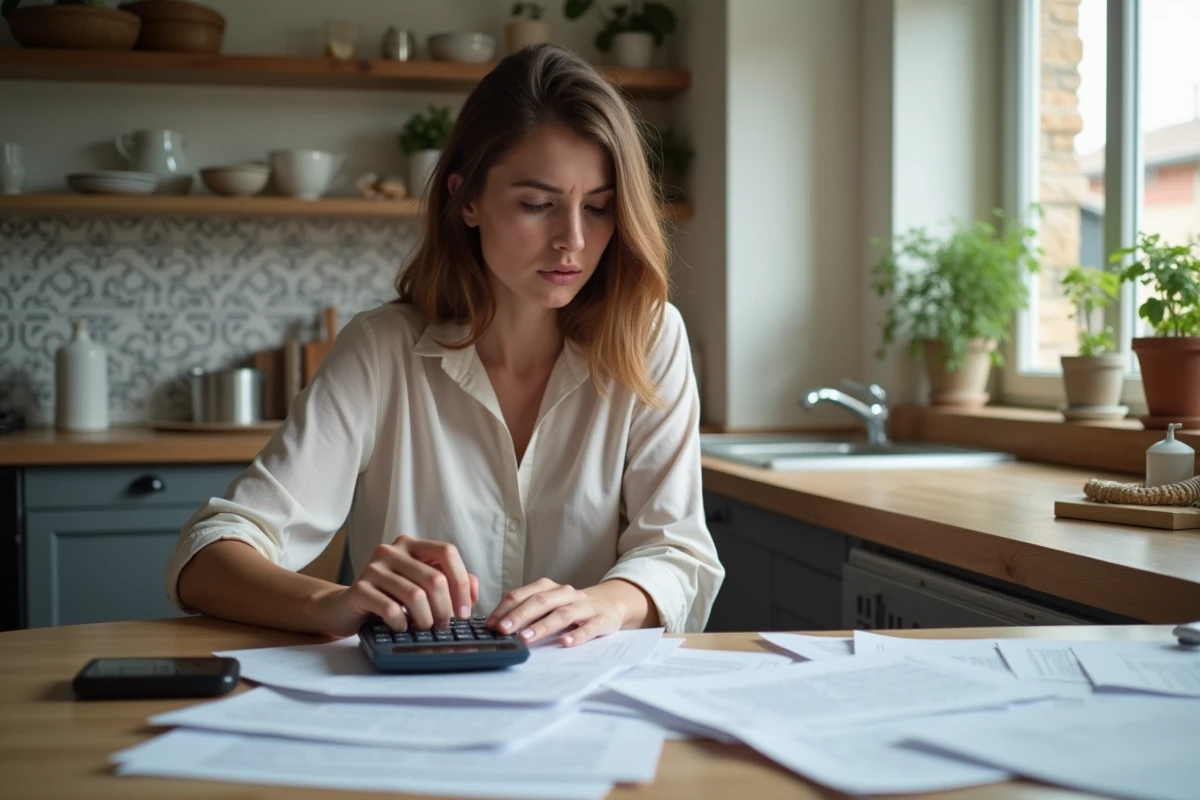 Jeune femme concentrée sur ses papiers de location dans une cuisine lyonnaise