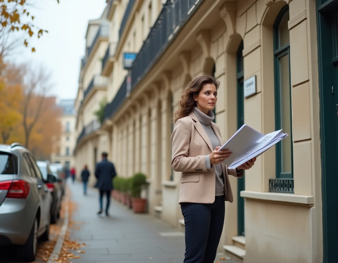 Femme marchand de biens devant un immeuble haussmannien à vendre, tenant des plans architecturaux