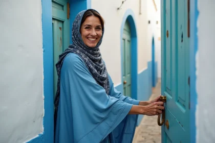 Femme marocaine souriante devant une maison à Essaouira
