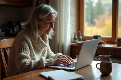 Femme concentr&eacute;e ajustant r&eacute;servation dans une maison rurale