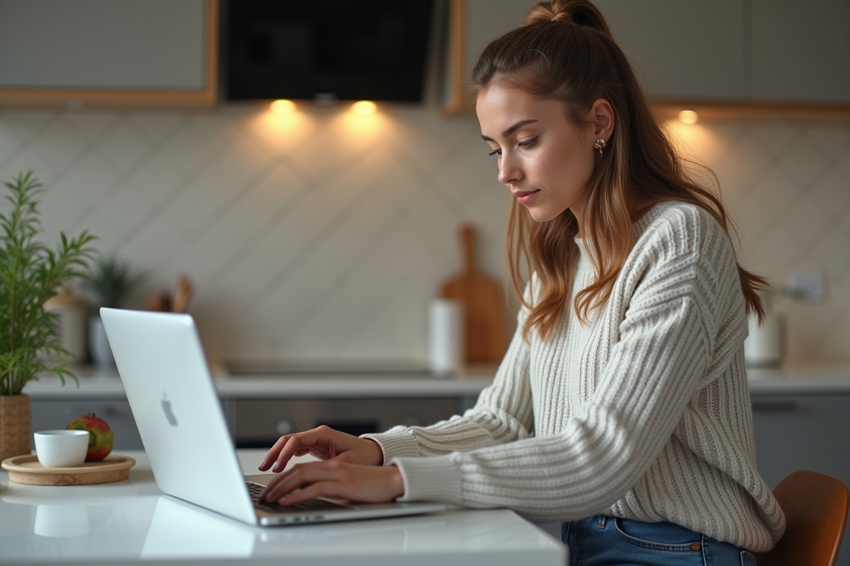 Jeune femme regardant son ordinateur dans une cuisine moderne