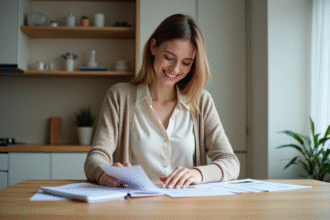 Femme organisée triant des documents officiels à la maison