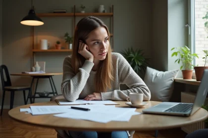 Femme concentrée travaillant à son bureau dans un appartement
