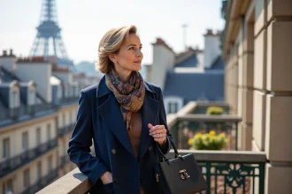 Femme élégante sur balcon parisien avec vue sur la Tour Eiffel