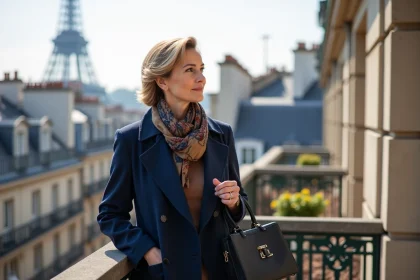 Femme &eacute;l&eacute;gante sur balcon parisien avec vue sur la Tour Eiffel