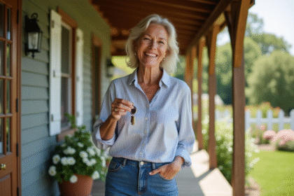 Femme souriante avec clés devant maison de campagne