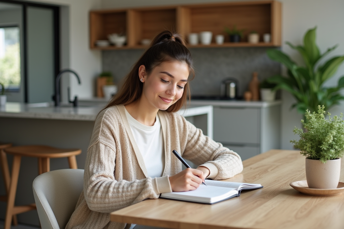 Jeune femme écrivant dans un planner à la maison