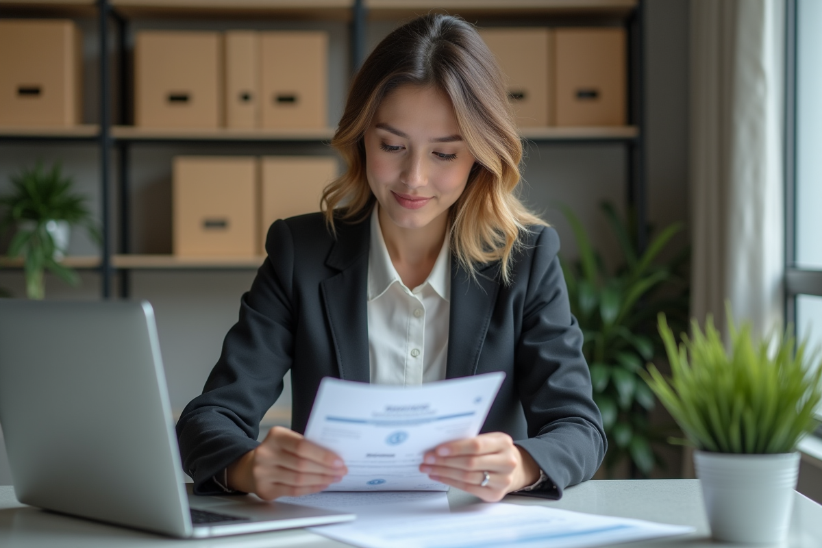 Femme professionnelle en banque examinant des documents de prêt immobilier