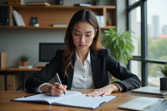 Jeune femme en bureau professionnel examinant des documents