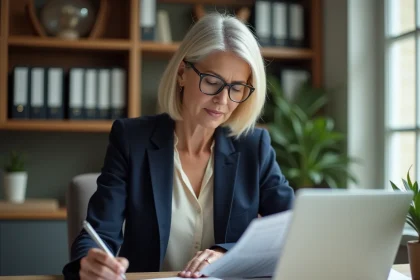 Femme professionnelle consultant des documents fiscaux sur son bureau à domicile pour défiscaliser