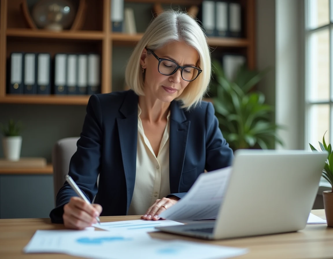 Femme professionnelle consultant des documents fiscaux sur son bureau à domicile pour défiscaliser