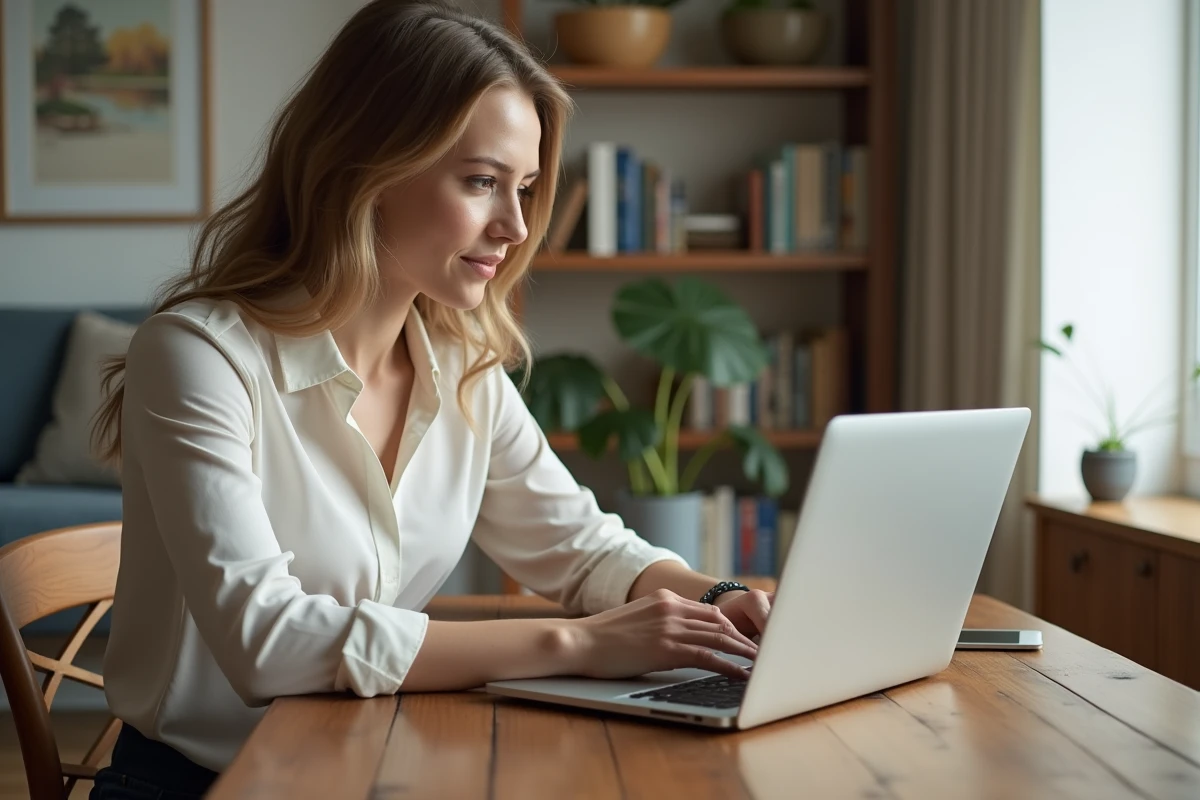 Jeune femme consulte des prix immobiliers sur son ordinateur portable