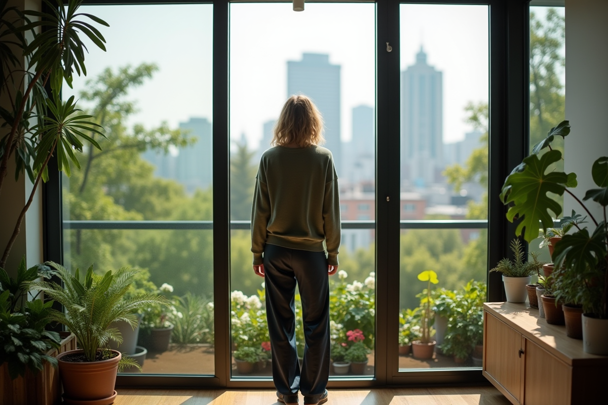 Femme regardant le jardin sur le toit d