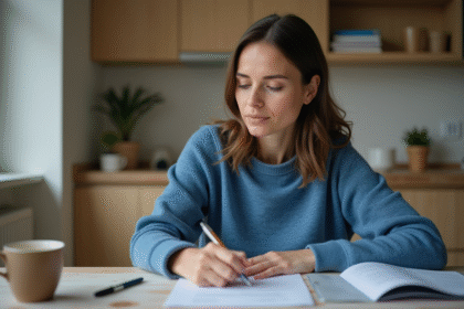 Femme remplissant un formulaire juridique dans une cuisine