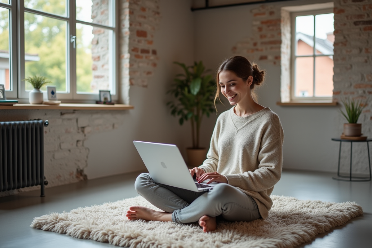 Femme souriante dans un salon rénové et cosy
