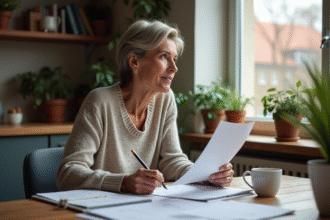 Femme réfléchissant avec documents fiscaux dans la cuisine