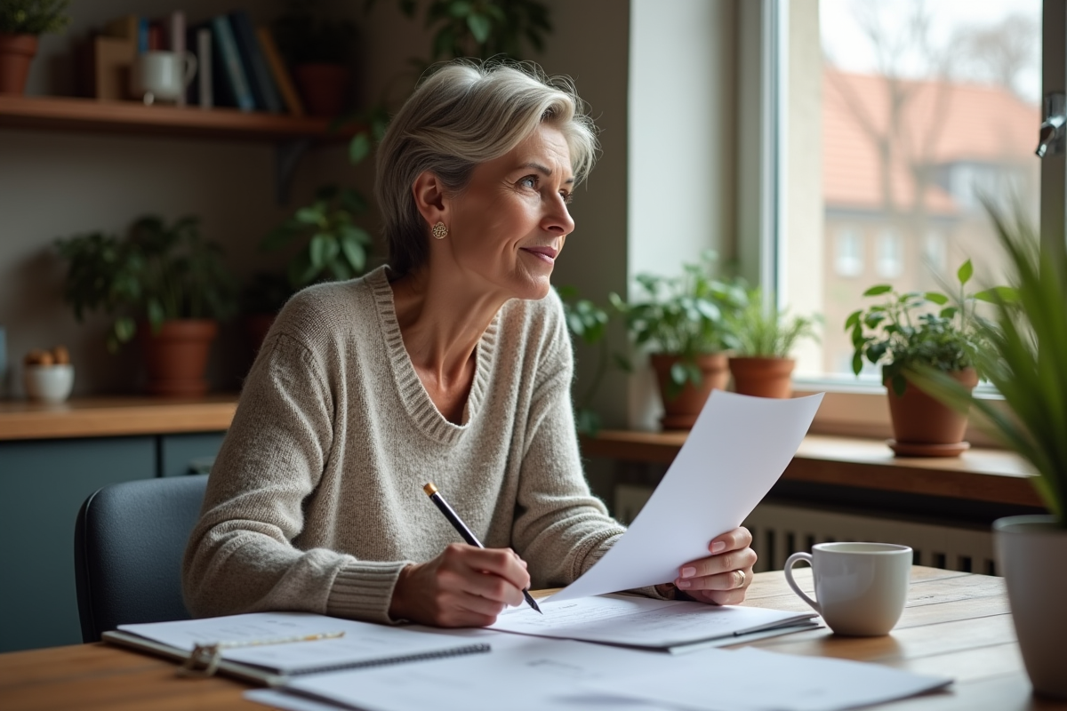 Femme réfléchissant avec documents fiscaux dans la cuisine